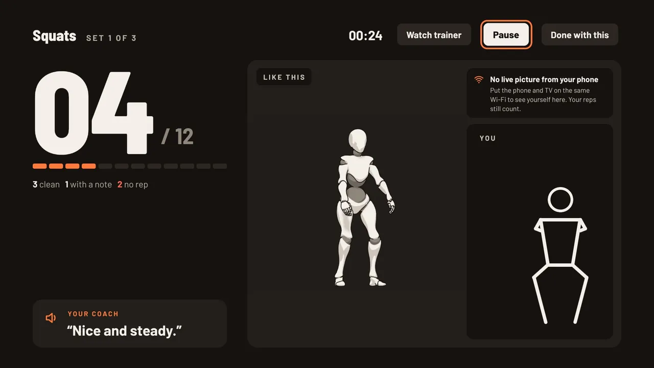 When the live picture can't reach the TV: the 3D trainer shows the move, a notice explains the phone and TV need the same Wi-Fi, and the person's outline is shown in a corner.