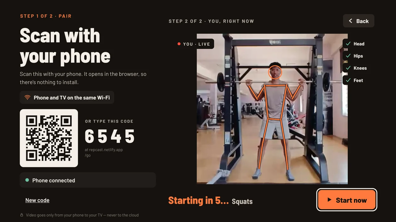 The TV's pairing screen: a QR code and a 4-digit code, the phone connected, the live picture with head, hips, knees and feet ticked, and the set about to start.